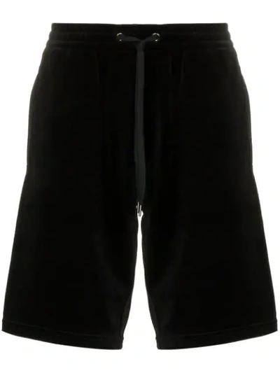 Versace Logo Embroidered Cotton Blend Velvet Shorts In Black