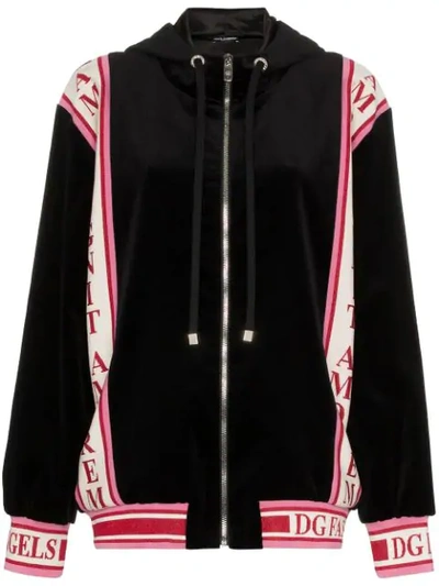 Dolce & Gabbana Logo Strip Zip Up Hooded Jumper In Black