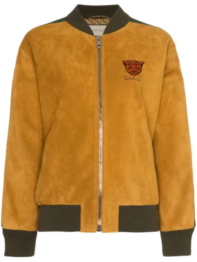 Gucci Logo Stripe Suede Bomber Jacket In Yellow
