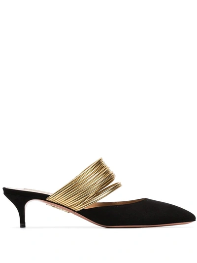 Aquazzura Black And Metallic Gold New Rendezvous 45 Suede Leather Mules In Black,gold Tone,yellow