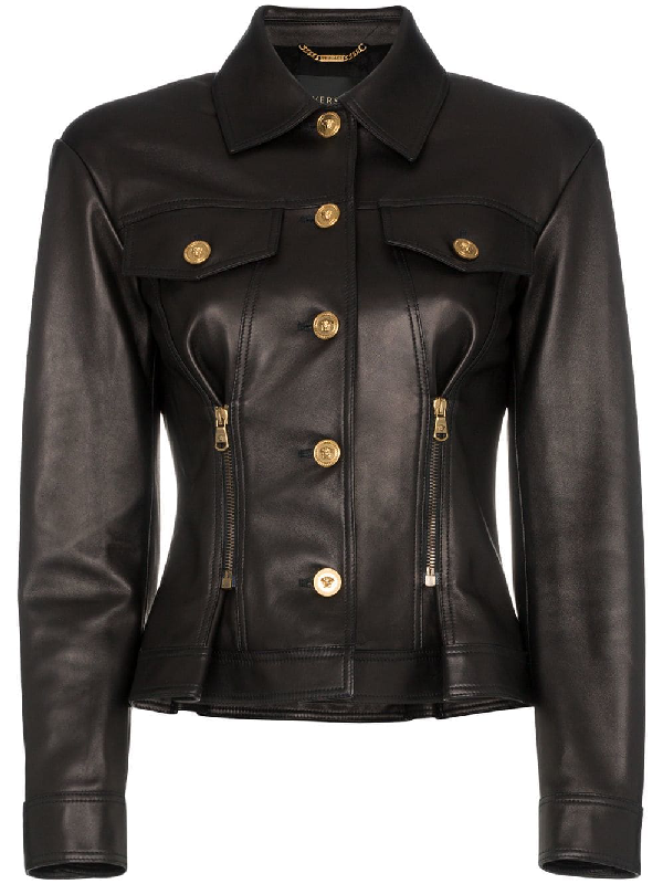 Versace Leather Button Down Zip Detail Jacket - Black | ModeSens