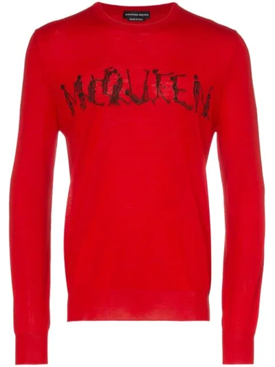 Alexander Mcqueen Dancing Skeleton Logo Text Wool Jumper In Red