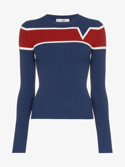 Valentino Logo-intarsia Ribbed-knit Sweater In Navy