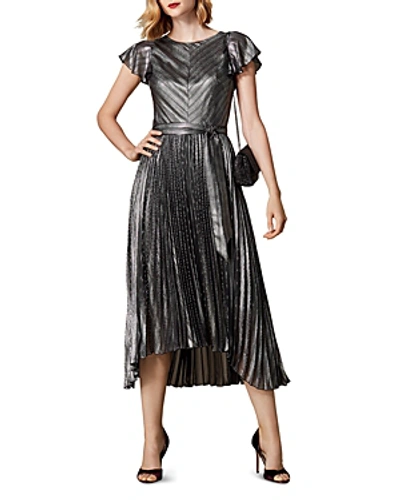 Karen Millen Metallic Striped Pleated Dress In Silver