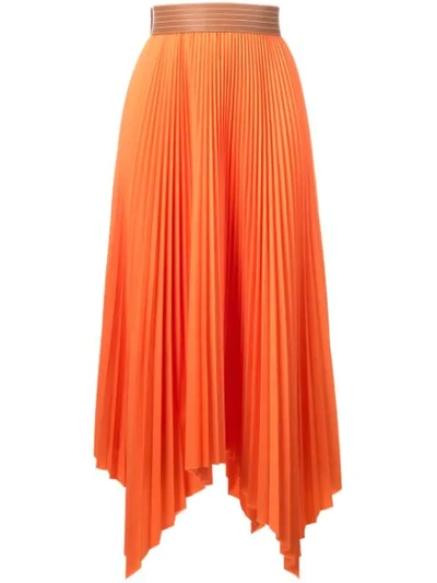 Loewe Asymmetric Leather-trimmed Pleated Poplin Midi Skirt In Orange