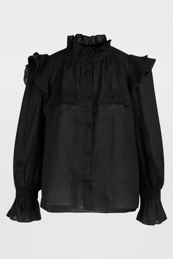 black high neck ruffle blouse