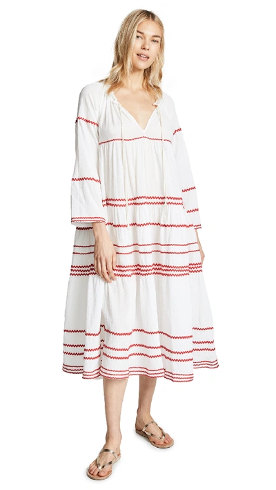 9seed Majorca Long Sleeve Ruffle Tier Maxi Dress In White/red