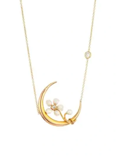 Renee Lewis 18k Gold Diamond & Pearl Crescent Moon Necklace