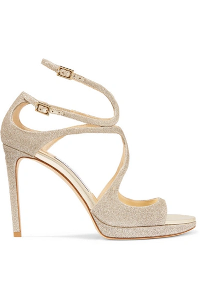 Jimmy Choo Lance 100 Glittered Leather Platform Sandals In Platinum