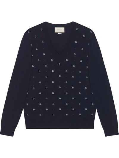 Gucci Slim-fit Logo-intarsia Wool Jumper In Blue