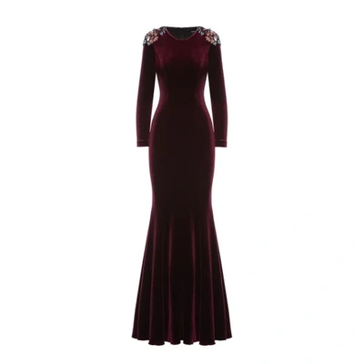 Nissa Maxi Bordaux Velvet Dress With Shoulder Details