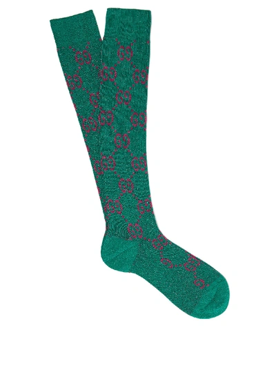 Gucci Gg-intarsia Metallic Cotton-blend Socks In Green