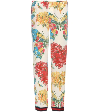 Gucci Grosgrain-trimmed Printed Silk Crepe De Chine Straight-leg Pants In Ivory