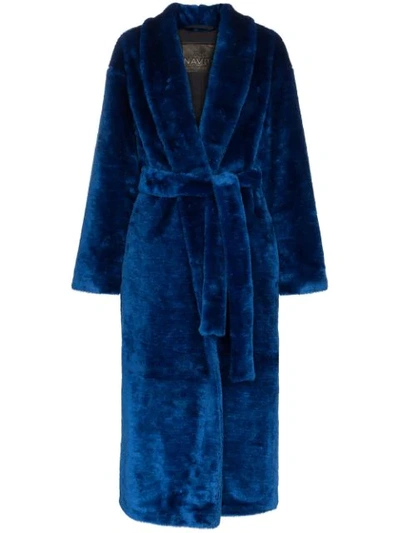 Navro Royal Blue Belted Faux Fur Coat