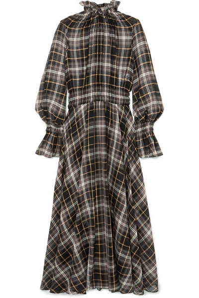 Beaufille Shirred Checked Cotton And Silk-blend Maxi Dress In Brown