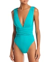 Trina Turk Solid Wrap Front One Piece Swimsuit In Dark Teal