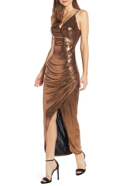 Wayf Sonnie Metallic Ruched Maxi Dress In Bronze Foil