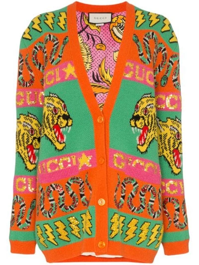 Gucci Tiger And Kingsnake Wool Jacquard Cardigan In 7548 Multicolour