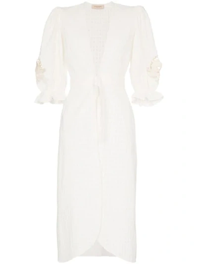 Adriana Degreas Porto Embellished Sleeve Cotton Tie Dress In White