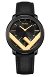 Fendi Run Away Leather Strap Watch, 41mm In Black/ Gold