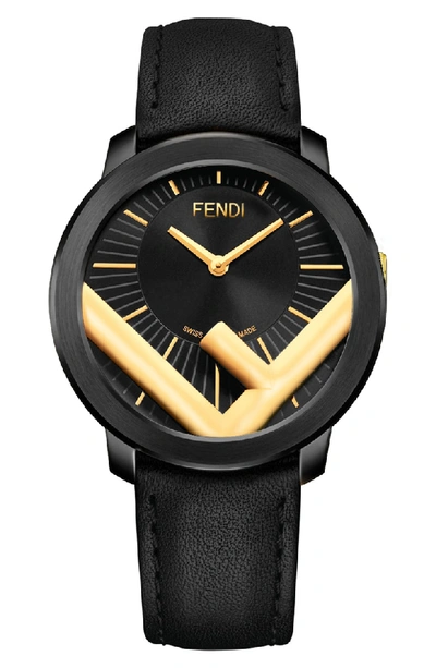 Fendi Run Away Leather Strap Watch, 41mm In Black/ Gold