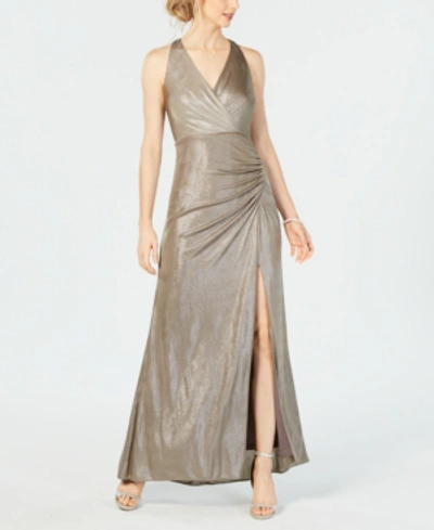 Adrianna Papell Ruched Metallic Jersey Gown In Mink