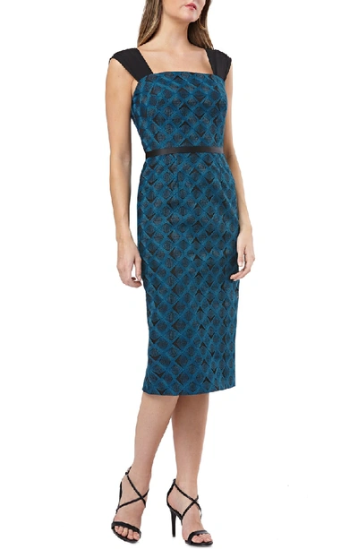 Kay Unger Geometric Embroidered Sheath In Teal