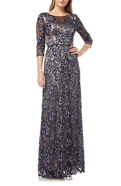 Js Collections Floral Embroidered Mesh Gown In Navy/ Silver
