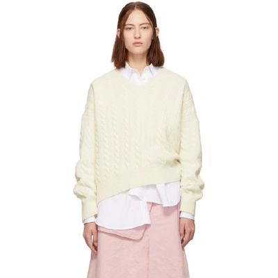 Loewe Off-white Cable Knit V-neck Jumper In 2100 White