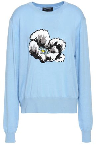 Markus Lupfer Woman Embellished Cotton Sweater Sky Blue