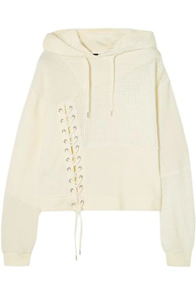 Mcq By Alexander Mcqueen Mcq Alexander Mcqueen Woman Lace-up Patchwork-effect Ribbed-knit And French Cotton-terry Hoodie Crea In Cream