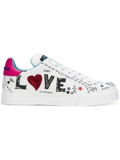 Dolce & Gabbana Dolce And Gabbana White Embroidered Love Sneakers In Bianco