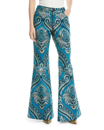 Alice And Olivia Ryley High-rise Damask-jacquard Bell Pants In Blue Pattern