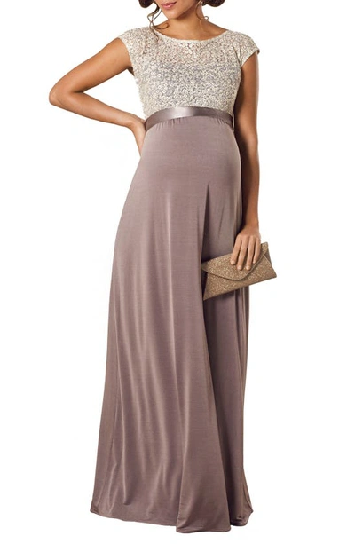 Tiffany Rose Maternity Mia Cap-sleeve Gown With Sequin Bodice & Full-length Skirt In Dusky Truffle