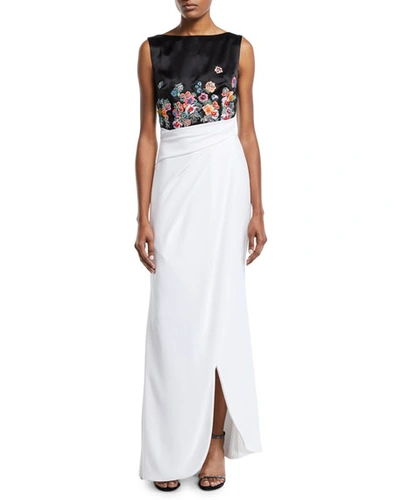 Talbot Runhof Floral-embroidered Two-tone Draped Gown In White/black