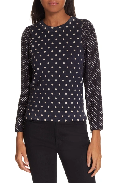 Rebecca Taylor Dot print Wool silk Crewneck Pullover Top In Navy Combo ModeSens