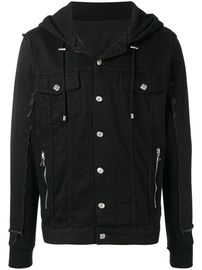 Balmain Men's Hooded Denim And Jersey Jacket In Black
