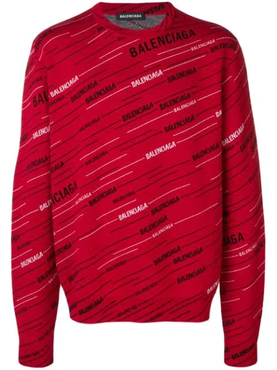 Balenciaga Men's Contrast Logo-striped Jacquard Jumper In Red