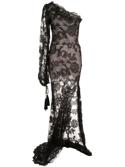 Oscar De La Renta One-shoulder Lace Slit Column Gown In Black