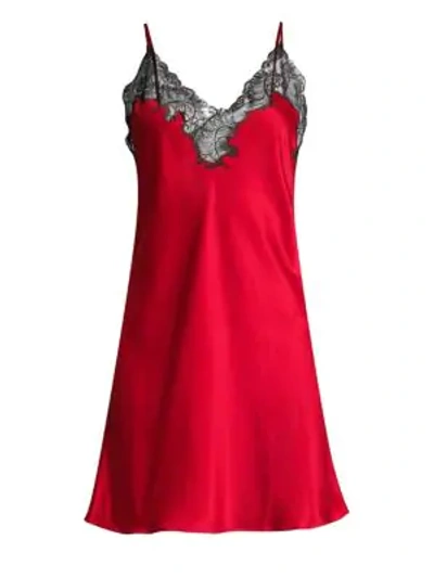 Natori Plume Lace-trim Satin Chemise In Red