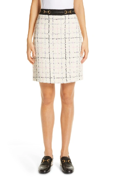 Gucci Checked Tweed A-line Skirt In 9283 Ivory/ Pink/ Light Blu