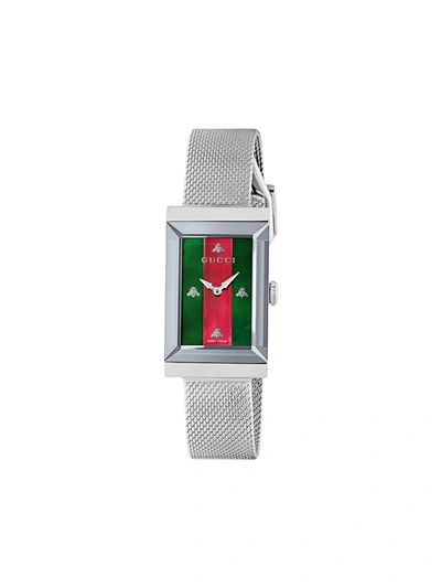 Gucci G-frame Rectangular Mother-of-pearl Watch W/ Mesh Strap In White