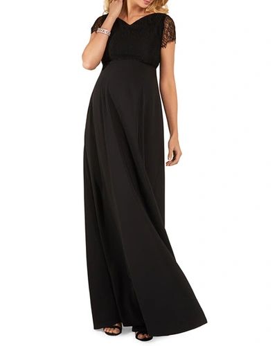 Tiffany Rose Maternity Eleanor Short-sleeve Matte Crepe Satin Gown With Lace In Black