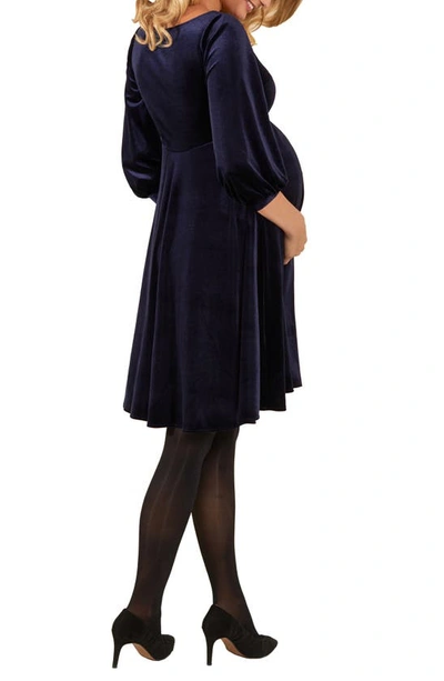 Tiffany Rose Maternity Roxie V-neck Bishop-sleeve Velvet Dress In Sapphire Blue