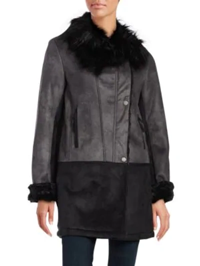 T Tahari Faux-fur-trim Asymmetrical Leatherette Coat In Black
