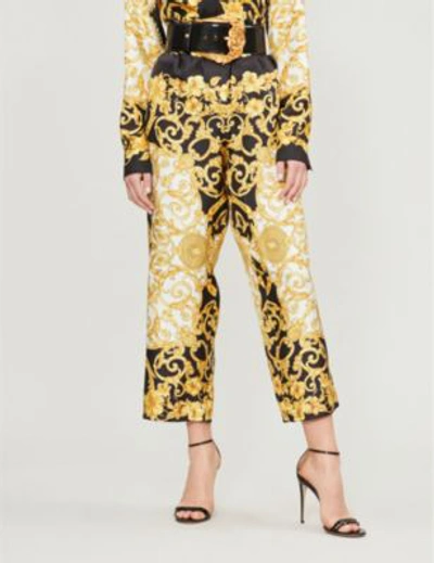 Versace Baroque-print High-rise Wide Silk-twill Cropped Trousers In Gold Print