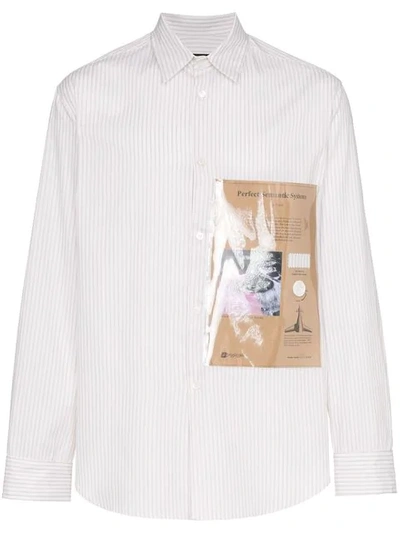 Raf Simons Striped Plastic Pocket Shirt In White Brown