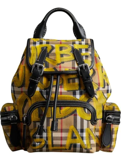 Burberry Small Graffiti Print Vintage Check Canvas Rucksack - Black In Yellow/orange