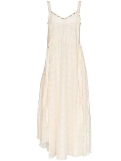 Loewe Logo-print Cotton-blend Lace Midi Dress In Neutrals