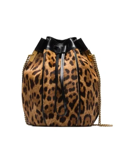 Saint Laurent Talitha Leopard-print Fur Medium Bucket Bag In Brown